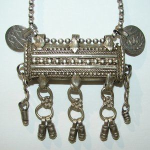 Ethnic Tribal Yemeni Pendant Amulet Box Antique Bedouin Silver Old Silver Coins
